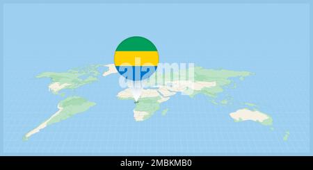 Location of Gabon on the world map, marked with Gabon flag pin. Cartographic vector illustration. Stock Vector