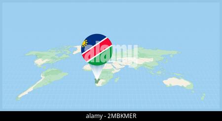Location of Namibia on the world map, marked with Namibia flag pin. Cartographic vector illustration. Stock Vector