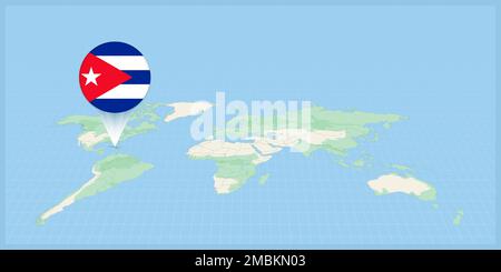 Location of Cuba on the world map, marked with Cuba flag pin. Cartographic vector illustration. Stock Vector