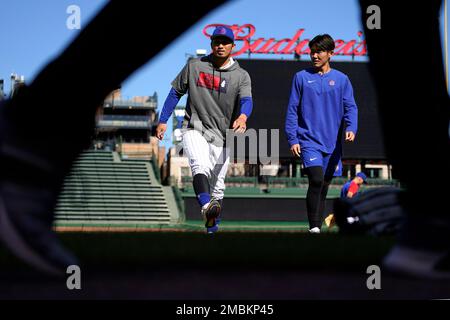 Chicago Cubs' Seiya Suzuki stretches and watches batting practice before a  baseball game against the Baltimore Orioles Wednesday, July 13, 2022, in  Chicago. (AP Photo/Charles Rex Arbogast Stock Photo - Alamy