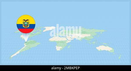 Location of Ecuador on the world map, marked with Ecuador flag pin. Cartographic vector illustration. Stock Vector
