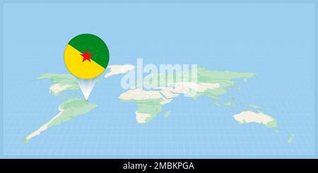 Location of French Guiana on the world map, marked with French Guiana flag pin. Cartographic vector illustration. Stock Vector