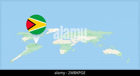Location of Guyana on the world map, marked with Guyana flag pin. Cartographic vector illustration. Stock Vector