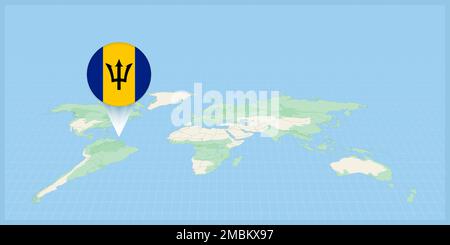 Location of Barbados on the world map, marked with Barbados flag pin. Cartographic vector illustration. Stock Vector