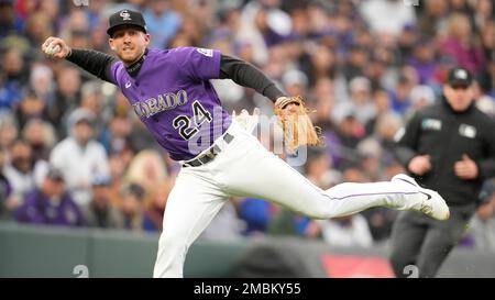 April 16 2022: Chicago third baseman Patrick .Wisdom (16) during pregame  with Chicago Cubs and Colorado Rockies held at Coors Field in Denver Co.  David Seelig/Cal Sport Medi(Credit Image Stock Photo - Alamy