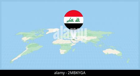 Location of Iraq on the world map, marked with Iraq flag pin. Cartographic vector illustration. Stock Vector