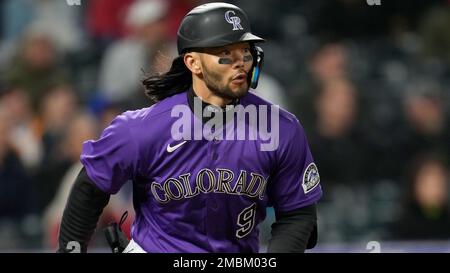 Pittsburgh Pirates first baseman Connor Joe (2) in the first inning of a  baseball game Wednesday, April 19, 2023, in Denver. (AP Photo/David  Zalubowski Stock Photo - Alamy