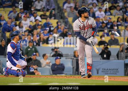 Atlanta Braves left fielder Marcell Ozuna (20) bats against the  Philadelphia Phillies during a baseball game Saturday, April 10, 2021, in  Atlanta. (AP Photo/John Bazemore Stock Photo - Alamy