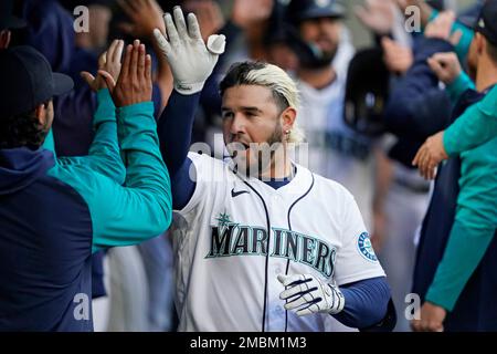 Seattle Mariners' Julio Rodriguez holds a trident in the dugout after  hitting a home run against the Oakland Athletics in a baseball game Monday,  Aug. 28, 2023, in Seattle. (AP Photo/Lindsey Wasson Stock Photo - Alamy