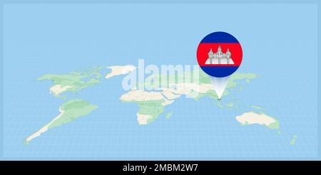 Location of Cambodia on the world map, marked with Cambodia flag pin. Cartographic vector illustration. Stock Vector