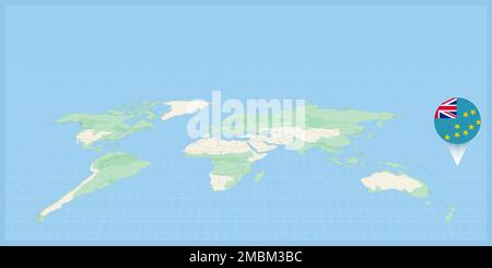Location of Tuvalu on the world map, marked with Tuvalu flag pin. Cartographic vector illustration. Stock Vector