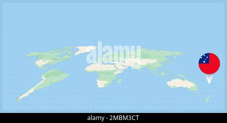 Location of Samoa on the world map, marked with Samoa flag pin. Cartographic vector illustration. Stock Vector