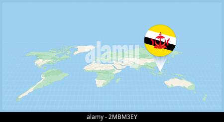 Location of Brunei on the world map, marked with Brunei flag pin. Cartographic vector illustration. Stock Vector