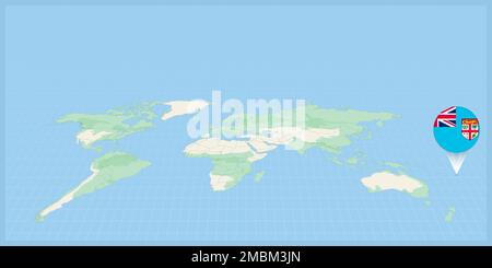 Location of Fiji on the world map, marked with Fiji flag pin. Cartographic vector illustration. Stock Vector