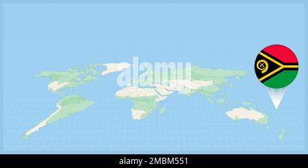 Location of Vanuatu on the world map, marked with Vanuatu flag pin. Cartographic vector illustration. Stock Vector