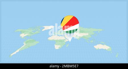 Location of Seychelles on the world map, marked with Seychelles flag pin. Cartographic vector illustration. Stock Vector