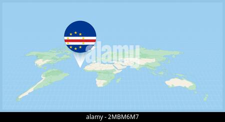 Location of Cape Verde on the world map, marked with Cape Verde flag pin. Cartographic vector illustration. Stock Vector