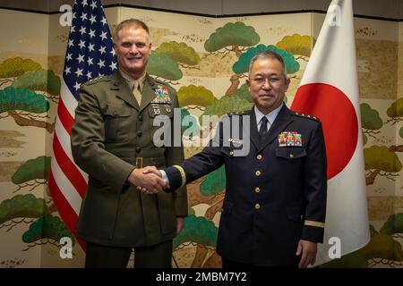 U.S. Marine Corps Lt. Gen. Steven R. Rudder, left, commander, U.S. Marine Corps Forces, Pacific, and Japan Ground Self-Defense Force Gen. Yoshihide Yoshida, chief of staff, pose for a photo prior to an out-call after the Pacific Amphibious Leaders Symposium 2022, Tokyo, Japan, June 17, 2022. This iteration of PALS brought senior leaders of allied and partnered militaries together to discuss amphibious force readiness, expeditionary advanced base operations, intermediate force capabilities, and ways to improve interoperability between partners within the Indo-Pacific region. A total of 18 parti