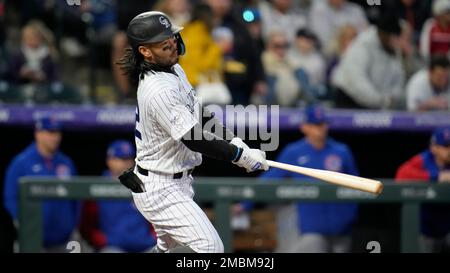 April 16 2022: Chicago third baseman Patrick .Wisdom (16) during pregame  with Chicago Cubs and Colorado Rockies held at Coors Field in Denver Co.  David Seelig/Cal Sport Medi(Credit Image Stock Photo - Alamy