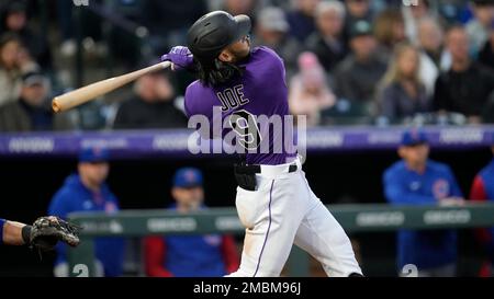 April 16 2022: Chicago third baseman Patrick .Wisdom (16) during pregame  with Chicago Cubs and Colorado Rockies held at Coors Field in Denver Co.  David Seelig/Cal Sport Medi(Credit Image Stock Photo - Alamy