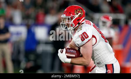 BIRMINGHAM, AL - APRIL 16: New Jersey Generals tight end Braedon Bowman  (80) during the inaugural USFL game between the New Jersey Generals and  Birmingham Stallions on April 16, 2022, at Protective