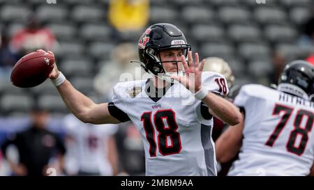 BIRMINGHAM, AL - MAY 15: Houston Gamblers quarterback Clayton Thorson (18)  passes the ball against the Pittsburgh Maulers during the USFL game on May  15, 2022 at Protective Stadium in Birmingham, Alabama. (