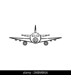 Black outline isolated airplane on white background. Line front view of aeroplane Stock Vector