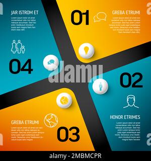 Abstract dark blue and yellow schema template with four color sections or progress template with four steps sphere elemetns big numbers and icons Stock Vector