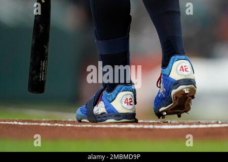 New York Yankees designated hitter Aaron Judge wears custom cleats in the  dugout before a baseball game against the Seattle Mariners, Wednesday, May  31, 2023, in Seattle. (AP Photo/Lindsey Wasson Stock Photo 