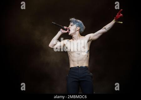 Jackson Wang of 88rising performs at the Coachella Music & Arts Festival at  the Empire Polo Club on Saturday, April 16, 2022, in Indio, Calif. (Photo  by Amy Harris/Invision/AP Stock Photo 