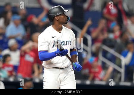 Miami Marlins designated hitter Jorge Soler (12) in the third inning of a  baseball game Thursday, May 25, 2023, in Denver. (AP Photo/David Zalubowski  Stock Photo - Alamy