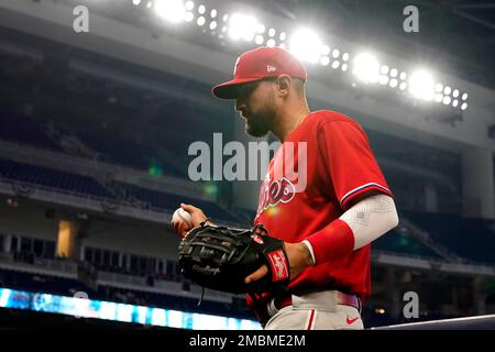 Philadelphia Phillies' Nick Castellanos walks into the dugout