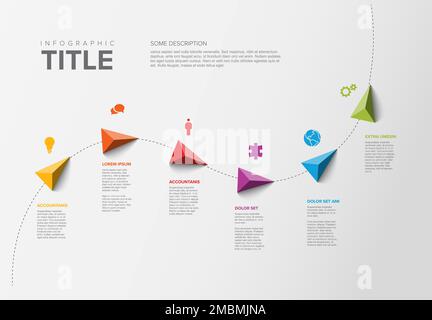 Vector Infographic Company Milestones Timeline Template with triangle pointers on a curved line with color icons titles and descriptions Stock Vector