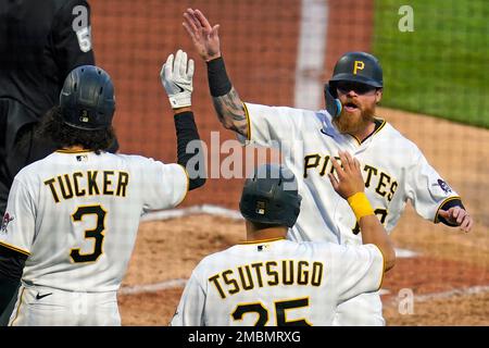 Pittsburgh Pirates first baseman Yoshi Tsutsugo, of Japan, bats during the  second inning of a baseball game against the Miami Marlins, Tuesday, July  12, 2022, in Miami. (AP Photo/Lynne Sladky Stock Photo 