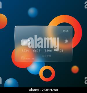 A credit card in the style of glasmophism on an abstract dark blue background. Stock Vector