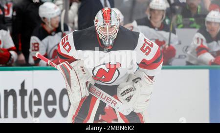 Dallas Stars goaltender Braden Holtby (70) looks on against the New Jersey  Devils during the second period of an NHL hockey game Tuesday, Jan. 25, 2022,  in Newark, N.J. (AP Photo/Adam Hunger