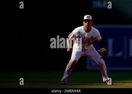 BALTIMORE, MD - APRIL 08: Baltimore Orioles third baseman Ramon Urias (29)  sprints down the first base line during the New York Yankees versus Baltimore  Orioles MLB game at Oriole Park at