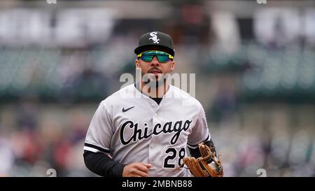 Cleveland, USA. 21st Apr, 2022. Chicago White Sox's Leury Garcia (28)  throws to first base against the Cleveland Guardians in the sixth inning at  Progressive Field in Cleveland, Ohio on Thursday, April