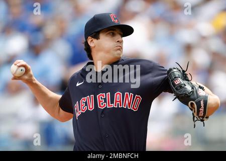 Cleveland Guardians pitcher Cal Quantrill delivers to a Kansas City Royals  batter during the first inning of a baseball game in Kansas City, Mo.,  Sunday, April. 10, 2022. (AP Photo/Colin E. Braley