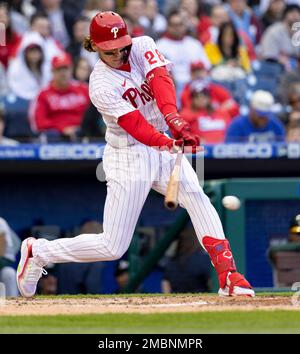 Philadelphia Phillies' Alec Bohm hits a two run home run during the seventh  inning of a baseball game against the Washington Nationals, Sunday, Sept.  11, 2022, in Philadelphia. (AP Photo/Laurence Kesterson Stock