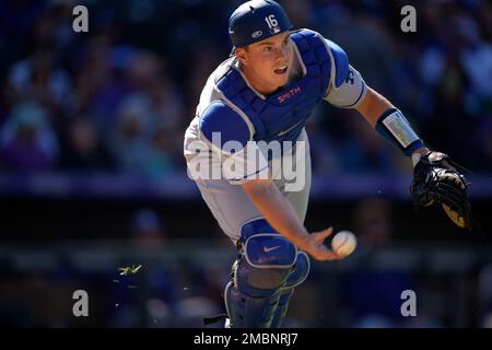 April 9 2022: Los Angeles catcher Austin Barnes(15) hits a homer during the  game with Los Angels Dodgers and Colorado Rockies held at Coors Field in  Denver Co. David Seelig/Cal Sport Medi(Credit