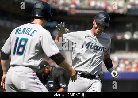 Miami Marlins' Jake Burger celebrates his home run during the third inning  of a baseball game against the Washington Nationals, Saturday, Sept. 2,  2023, in Washington. (AP Photo/Nick Wass Stock Photo - Alamy