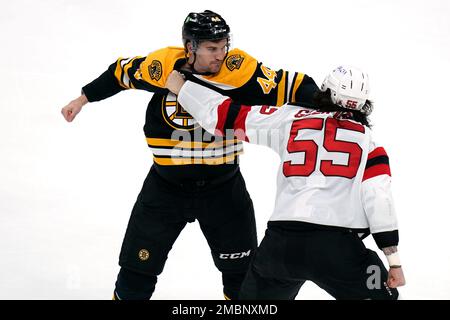 New Jersey Devils defenseman Mason Geertsen (55) fights with Vegas Golden  Knights defensemen Alex Pietrangelo (7) and Brayden McNabb (3) during the  third period of an NHL hockey game Thursday, Dec.16, 2021