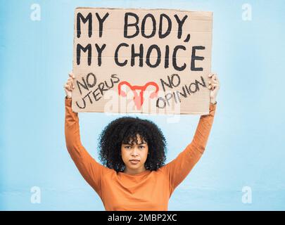 Feminism, protest and portrait of a woman with a sign for human rights, abortion or political opinion. Strong, march and female from Mexico with a Stock Photo