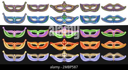 Vector Carnival Mask Set, decorative banner with collection of cut out illustration carnival masks with confetti, colorful venetian costume for caribb Stock Vector