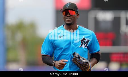 Miami Marlins' Jorge Soler bats during the third inning in the first  baseball game of a doubleheader against the Cleveland Guardians, Saturday,  April 22, 2023, in Cleveland. (AP Photo/Nick Cammett Stock Photo 