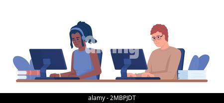 Young colleagues using coworking spaces semi flat color vector characters Stock Vector