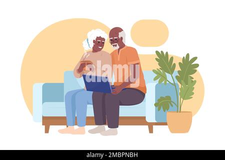 Senior citizens learning how to use laptop 2D vector isolated illustration Stock Vector