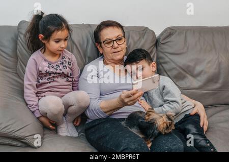 Grandmother and grandchildren looking at a mobile phone together. Senior woman, two little children and yorkshire terrier in sofa at home. Stock Photo