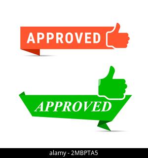 Approved paper origami orange and green ribbon banners with thumbs up. Flat vector illustration isolated on white background. Stock Vector